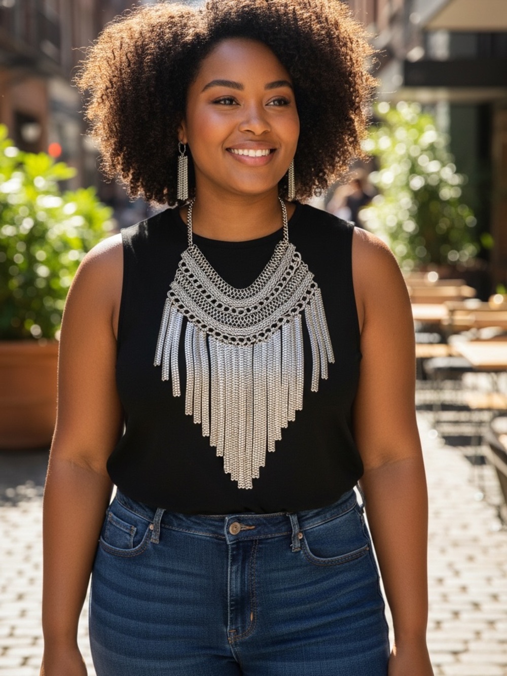 Statement Silver Metal Fringe Bib Necklace and Earrings Set - Women's Jewelry
